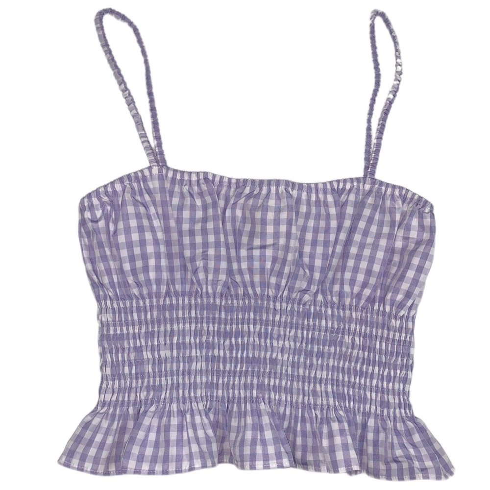 Urban Outfitters Lavender and White Gingham Plaid Smocked Crop Tank Top